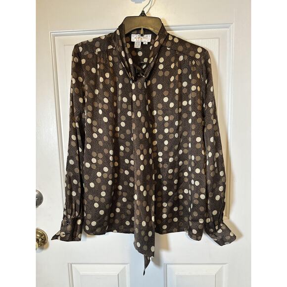 Vintage Givenchy Shirt Womens Size 4 Brown Silk Polka Dot Tie Neck Blouse 80s - Picture 10 of 10